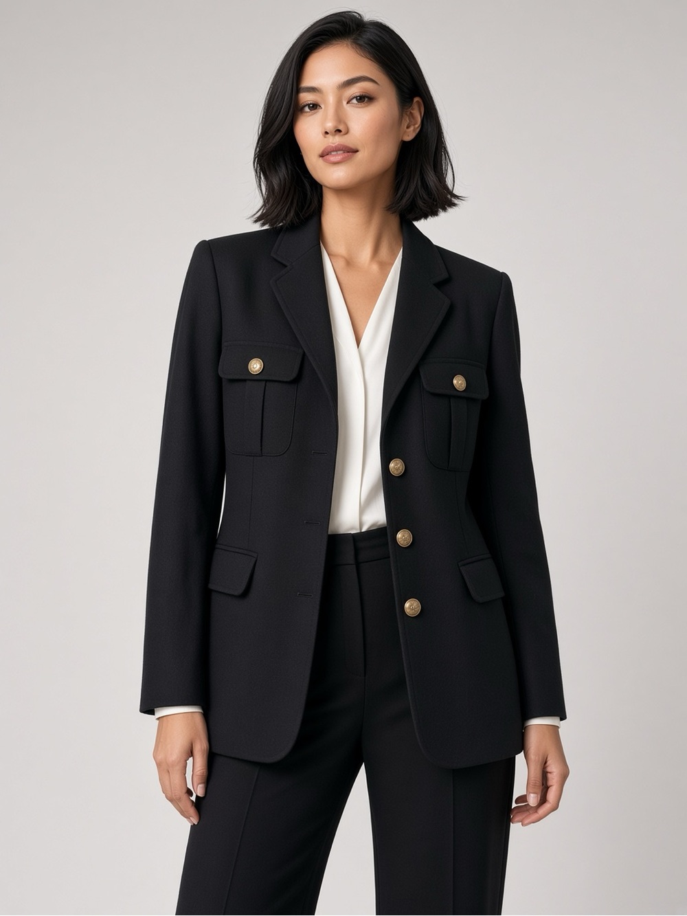 Classic Black Military-Style Button Blazer 100% wool size 12P